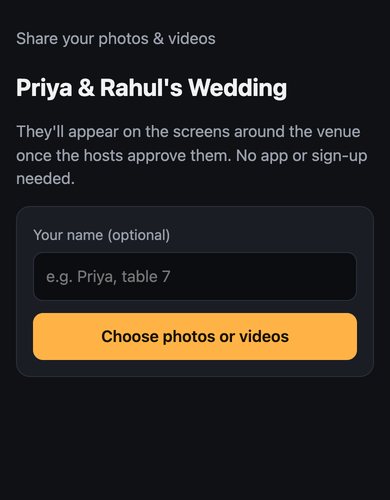 Guest phone page for sharing photos and videos, which appear on the screens once the hosts approve them.