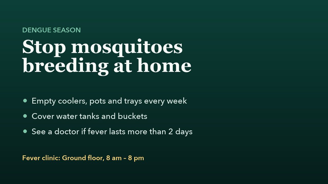 Health awareness slide on a hospital TV: stop mosquitoes breeding at home, with the fever clinic timings.