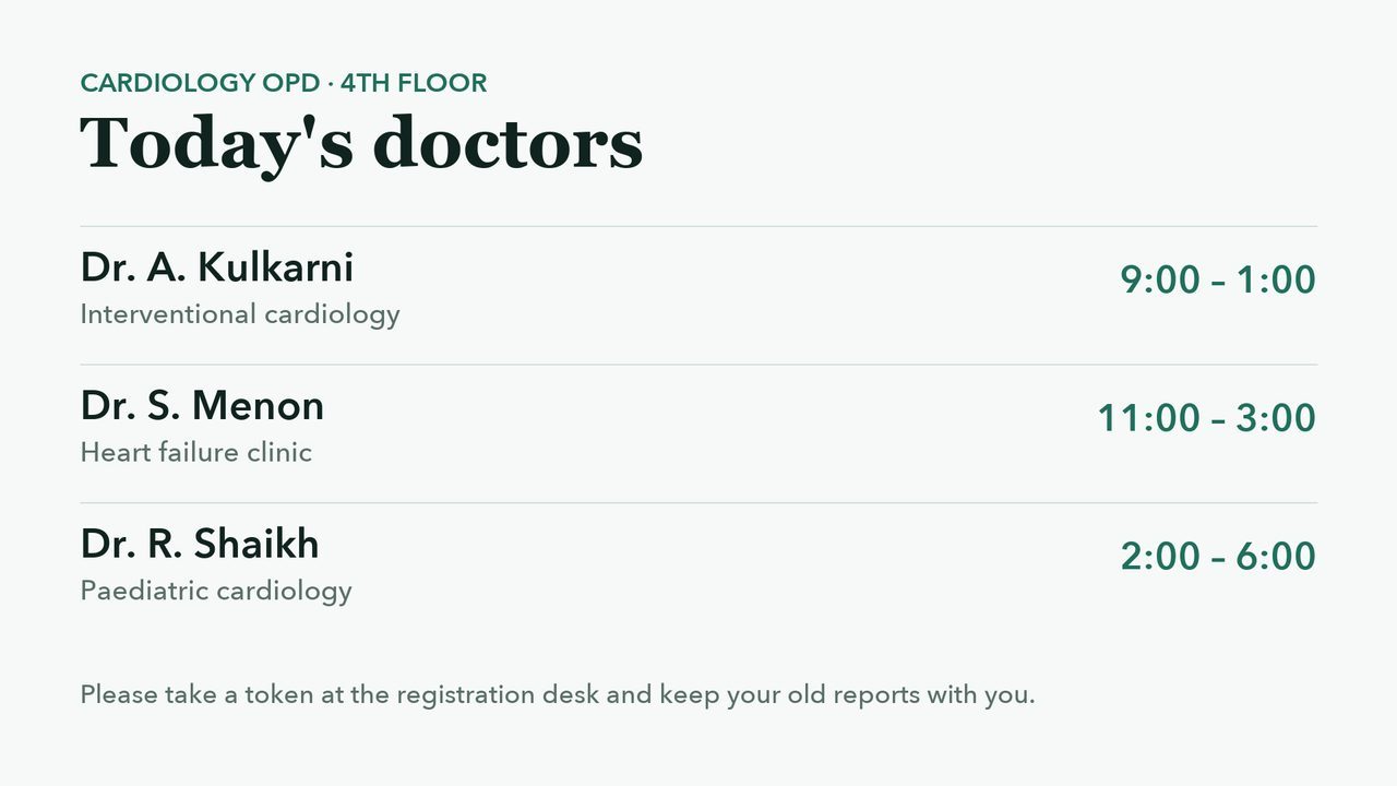 Hospital OPD TV display: Cardiology OPD, 4th floor, today's doctors with consulting hours from 9:00 to 6:00.