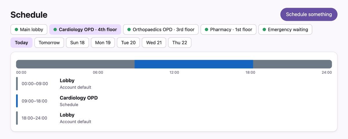 Schedule for the Cardiology OPD screen: lobby playlist until 09:00, Cardiology OPD 09:00 to 18:00, then lobby again.