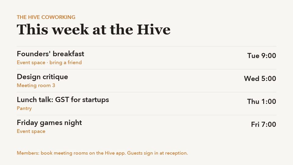 A co-working reception TV with this week's events.
