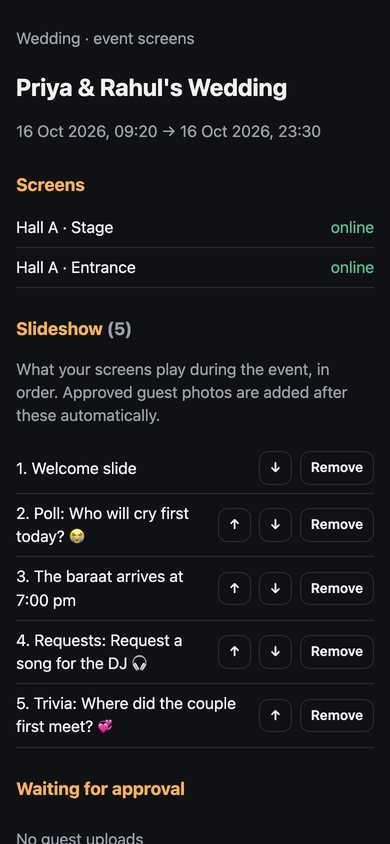 Organizer page on a phone: two screens online, the five-item slideshow with move and remove buttons, and guest uploads waiting for approval.