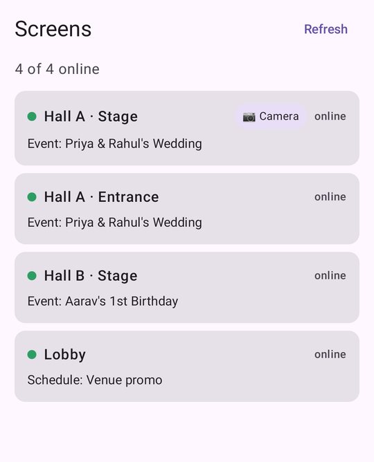 Phone app listing four screens online: two in Hall A showing Priya & Rahul's Wedding, one in Hall B showing Aarav's 1st Birthday, and the Lobby showing the venue promo.