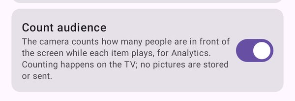 Phone app: the Count audience switch, with the note that counting happens on the TV and no pictures are stored or sent.