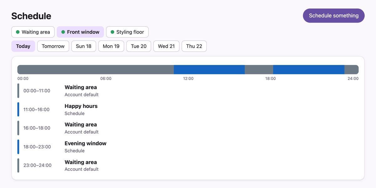Salon schedule for the front window screen: waiting-area playlist, happy hours 11:00 to 16:00, then an evening window playlist 18:00 to 23:00.
