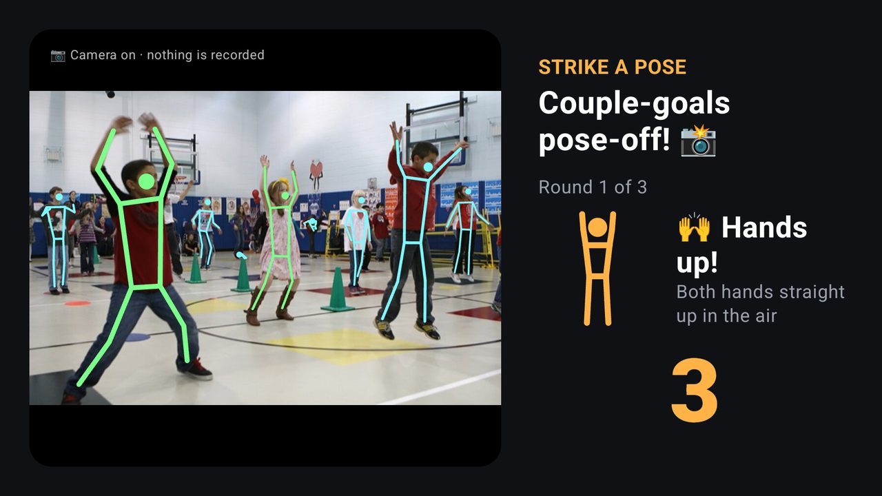 Strike a Pose on a TV with a webcam: guests with skeletons drawn on them, the pose Hands up! and a countdown.
