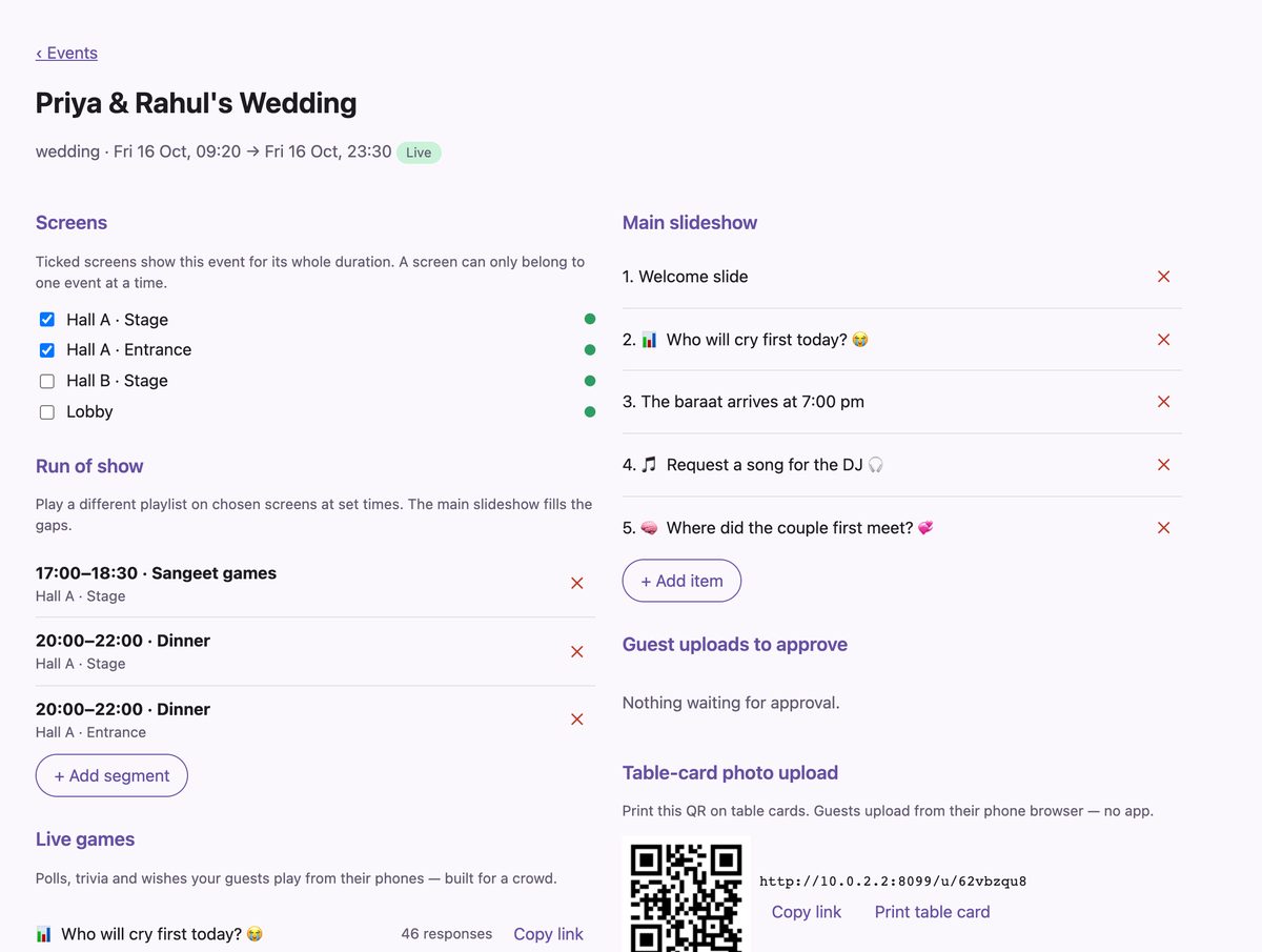 Web app page for Priya & Rahul's Wedding: Hall A screens ticked, a run of show with Sangeet games 17:00 to 18:30 and Dinner 20:00 to 22:00, live games, the main slideshow and a table-card QR.