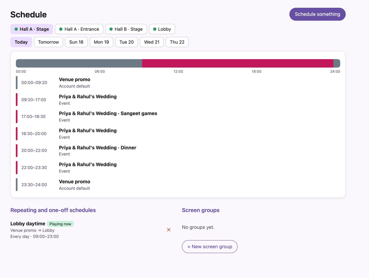 Web app schedule: screens to pick from, a 24-hour day bar, and the day's agenda for the Hall A stage screen.
